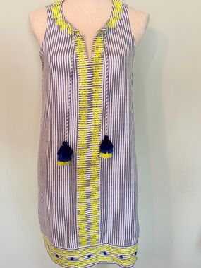 Vineyard Vines Navy Stripe Shift Dress with Yellow Embroidery and Tassels